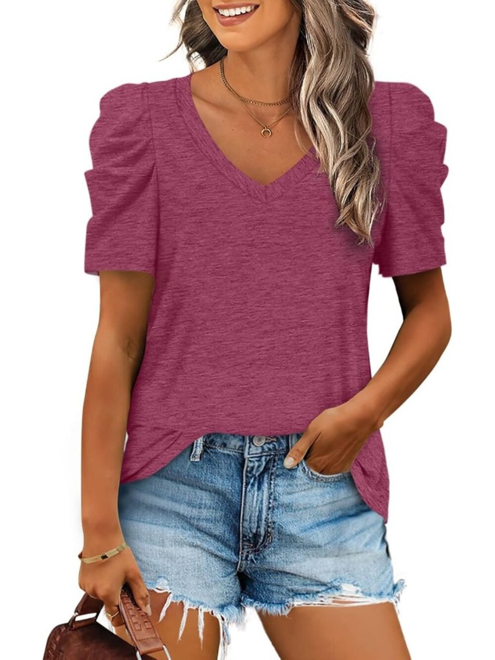 Women's Maroon Polyester Blend Puff Sleeve V Neck Pull On Casual Henley Shirts